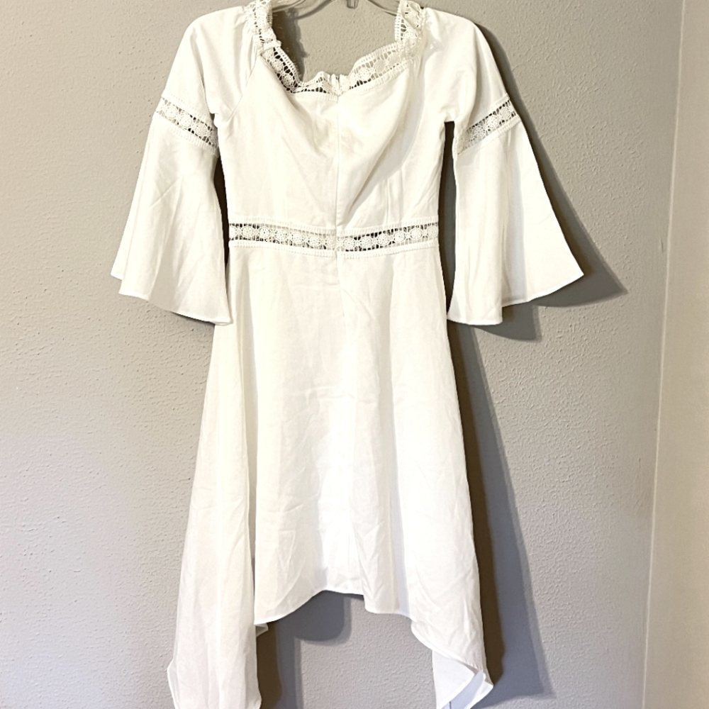 Small WHITE bell sleeve DRESS WITH LACE TRIM